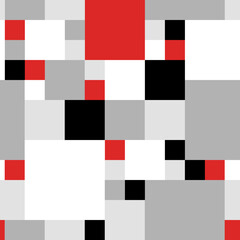 Almost black and white vector monochromic seamless pattern made of squares of different sizes with addition of some red squares