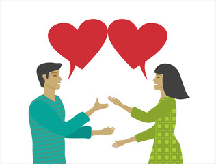 Fototapeta premium Good and loving communication. Man and woman talking, speech bubbles as hearts. Isolatedon white. Vector illustration.