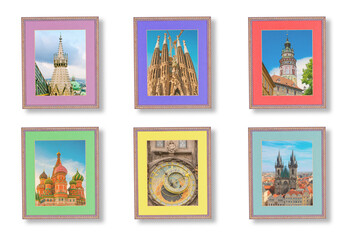 Multicolores picture frames with travel images isolated on a white background