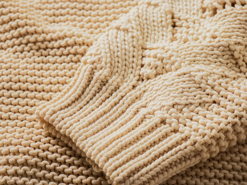 Extreme close-up of the cuff of a cream-coloured knit sweater; Studio