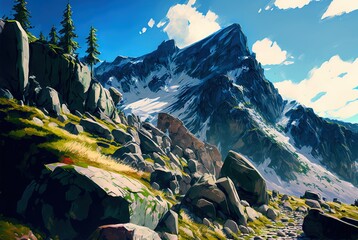 steep, rocky mountainside on a bright, sunny day Generative AI