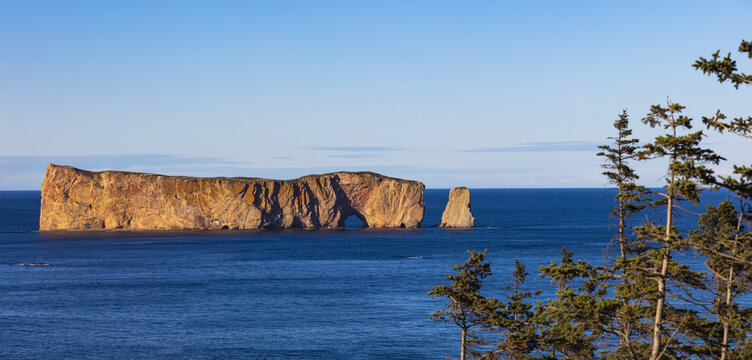 Perce Rock in the Gulf of Saint Lawrence, Bonaventure Island and Perce Rock National Park; Perce, Quebec, Canada