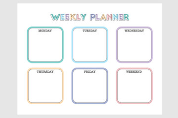 Vector Kids Weekly Planner, Colorful Weekly Schedule, Printable Weekly Organizer, Kids Daily Schedule Template