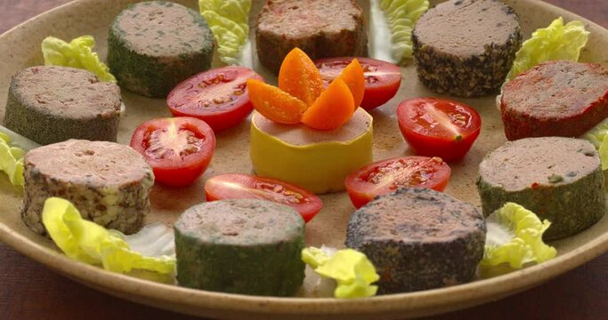 Selection of pates decorated with tomatoes, lettuce leaves and quartered physalis. Seamless loop, spin.