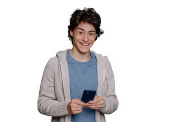 Excited schoolboy in light hoodie and grey t-shirt holds phone looks at camera toothy smiling against transparent background. Brunette guy happy with new smartphone. Mockup, youth, communications.