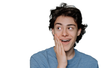 Close up portrait of handsome caucasian boy with brown eyes and hair In blue t-shirt puts palm on cheek in surprise with wide opened mouth looks aside at copy space on transparent backdrop. Mockup