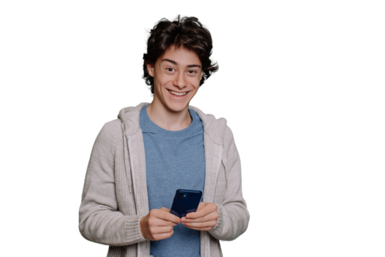 Excited schoolboy in light hoodie and grey t-shirt holds phone looks at camera toothy smiling against transparent background. Brunette guy happy with new smartphone. Mockup, youth, communications.