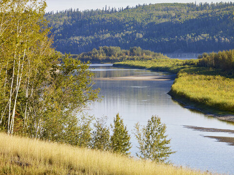A tranquil Athabasca River winding river with forests along the shorelines; Fort McMurray, Alberta, Canada