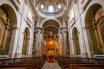 Interior of the main altar and nave of the church at the Bom Jesus do Monte sanctuary, a pilgrimage site near Braga; Tenoes, Braga District, Norte, Portugal