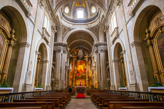 Interior of the main altar and nave of the church at the Bom Jesus do Monte sanctuary, a pilgrimage site near Braga; Tenoes, Braga District, Norte, Portugal