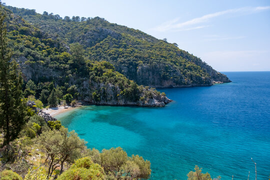 Beautiful sea coast of Turkey near Fethiye Dalaman. Warm sea, resort, relaxation, healthy lifestyle, hiking tour.