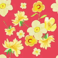 Schilderijen op glas seamless background with flowers. Yellow flowers on red pattern.  © Olesia La