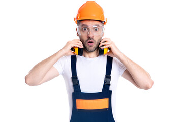 occupation photo of shocked worker man. occupation of worker man isolated on white