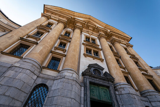 Close-up view of the exterior facade of the Ursuline Church of the Holy Trinity, a parish church in the capital city; Ljubljana, Slovenia