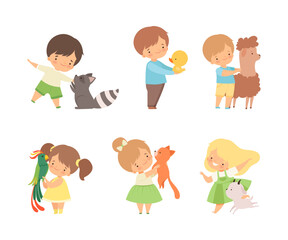 Cute Little Boy and Girl Interacting with Animal in Petting Zoo Vector Set