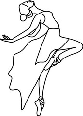 Watercolor dancing ballerina black lines. Isolated dancing ballerina. Hand drawn classic ballet performance, pose. Young  pretty ballerina women  illustration. Can be used for postcard and posters. 