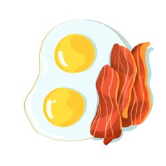 Fried scrambled eggs with pieces of bacon. Breakfast is hearty and healthy. Sticker, poster. - 556758425