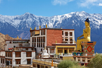 Likir Monastery and Buddha above Indus Valley through Himalayas, Jammu and Kashmir, Ladakh, India