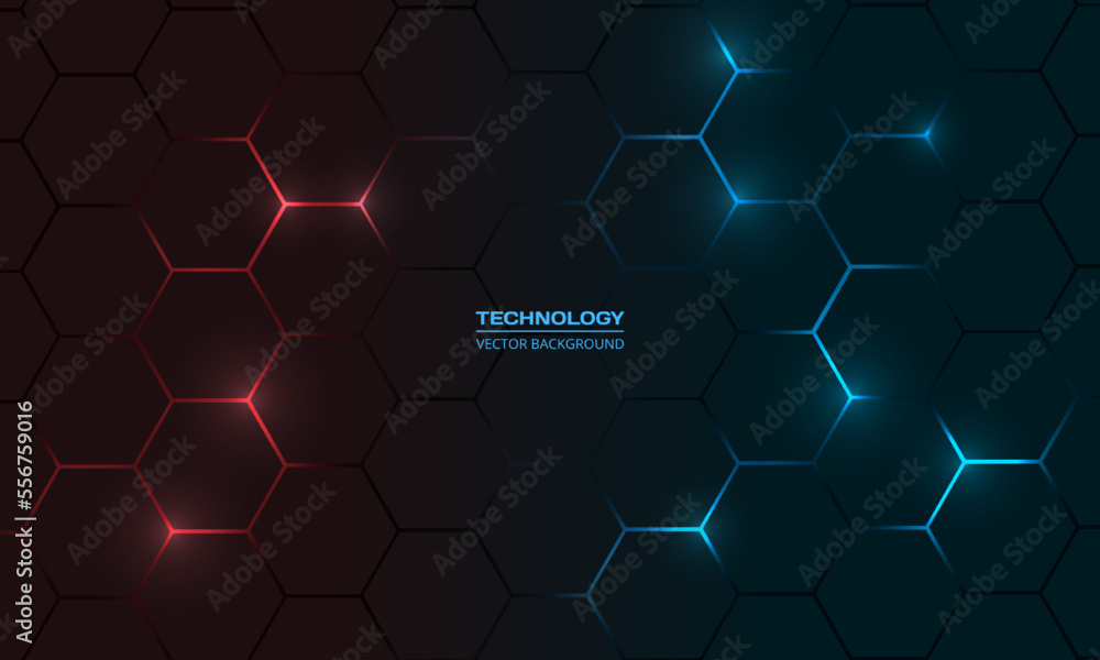 Poster Dark red and blue hexagon abstract technology background with red and blue colored bright flashes under hexagon. Hexagonal gaming vector abstract tech background.