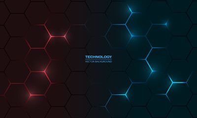 Dark red and blue hexagon abstract technology background with red and blue colored bright flashes under hexagon. Hexagonal gaming vector abstract tech background. - obrazy, fototapety, plakaty