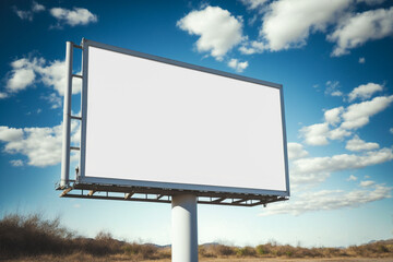 Blank white outdoor billboard on blue sky background with clipping path signboard, outdoor board...