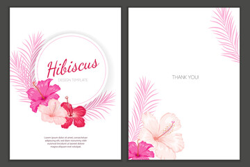 Hibiscus flowers design templates. Red, pink tropical flowers with palm leaves frame. Best for wedding invitations, greeting card designs and flyers. Vector illustration.
