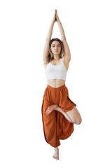 Woman yoga workout pose asana balance and harmony isolated transparent background.