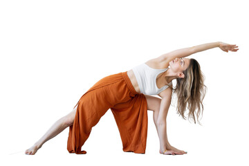 Woman yoga workout pose asana balance and harmony isolated transparent background.