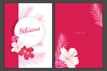 Hibiscus flowers design templates. Red, pink tropical flowers with palm leaves frame. Best for wedding invitations, greeting card designs and flyers. Vector illustration.