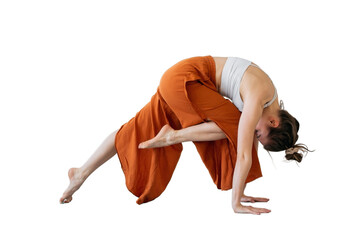Woman yoga workout pose asana balance and harmony isolated transparent background.