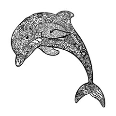 Colouring book for adults with flowers and dolphin. Vector drawing of a dolphin, lace.