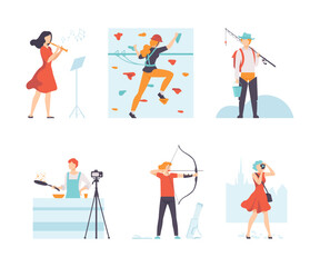 Young Male and Female Engaged in Hobby and Recreation Activity Vector Set
