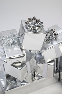 Shiny silver wrapped gifts; Studio