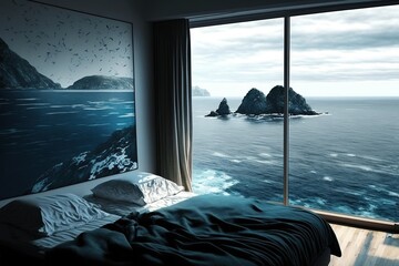 A luxury bedroom with an ocean view, huge windows, generative ai