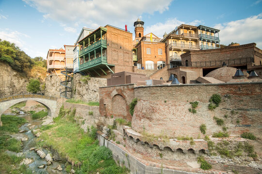 Old buildings built on the cliffs of Tbilisi's old town in the country of Georgia