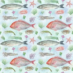 Seamless watercolor pattern with fish, shrimps, crab and seaweed 