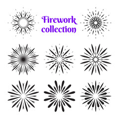 Fireworks icons collection. Graphic different black symbol for festival or carnival explosion, firecracker. Vector burst contour pattern shaped set isolated on white
