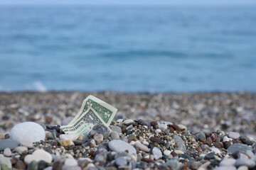 One dollar half covered with round rocks lie on beach close up. Dollar bill partially buried in sea...