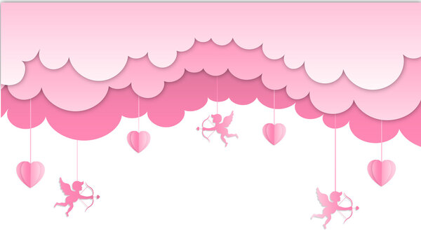 Happy valentines day sale header or voucher template with pink hanging hearts and cupids. Poster or card with pink paper clouds. PNG image 