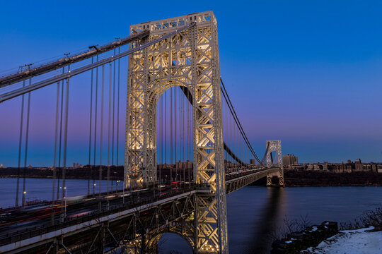 George Washington Bridge in Fort Lee Historic Park at twilight (specially lit for Martin Luther King, Jr. Day); Fort Lee, New Jersey, United States of America