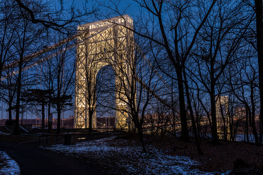 George Washington Bridge in Fort Lee Historic Park at twilight (specially lit for Martin Luther King, Jr. Day); Fort Lee, New Jersey, United States of America