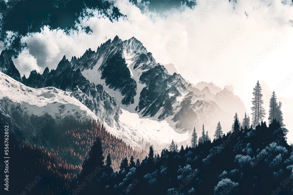 Poster snowy mountain peaks and hazy alpine trees in a panoramic view. generative ai