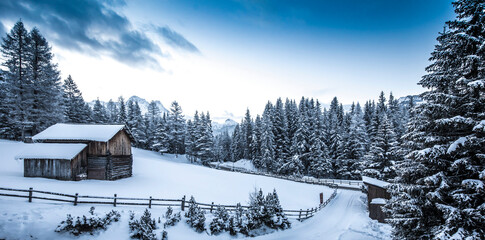 Winter scene looking down a country road at a log cabin surrounded by snow covered pine trees in Val Badia at the foot of the Dolomites in the Alto Adige Region; San Cassiano, South Tyrol, Italy