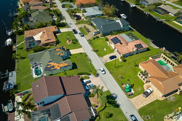 Destroyed by hurricane Ian suburban coastal houses in Florida home residential area. Consequences...