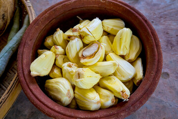 Jackfruit in a bowl, ingredients for cooking demonstration at rural cooking school near Galle, Sri Lanka; Galle, Galle District, Sri Lanka