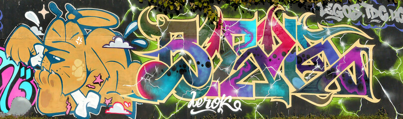 Colorful background of graffiti painting artwork with bright aerosol strips on metal wall. Old...