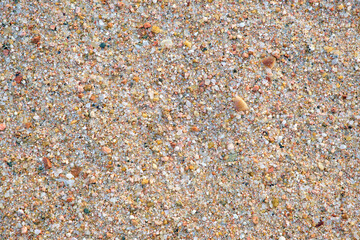 Flat view of clean yellow sand surface covering seaside beach. Sandy texture