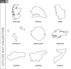 Outline maps collection, nine black lined vector map