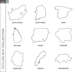 Outline maps collection, nine black lined vector map