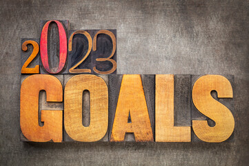 2023 goals - New Year resolutions and goal setting concept - word abstract in vintage letterpress wood type blocks against grunge metal background